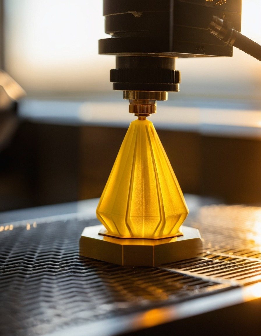 A brass 3D printer nozzle finishing the top of a faceted gold vase, in warm morning light