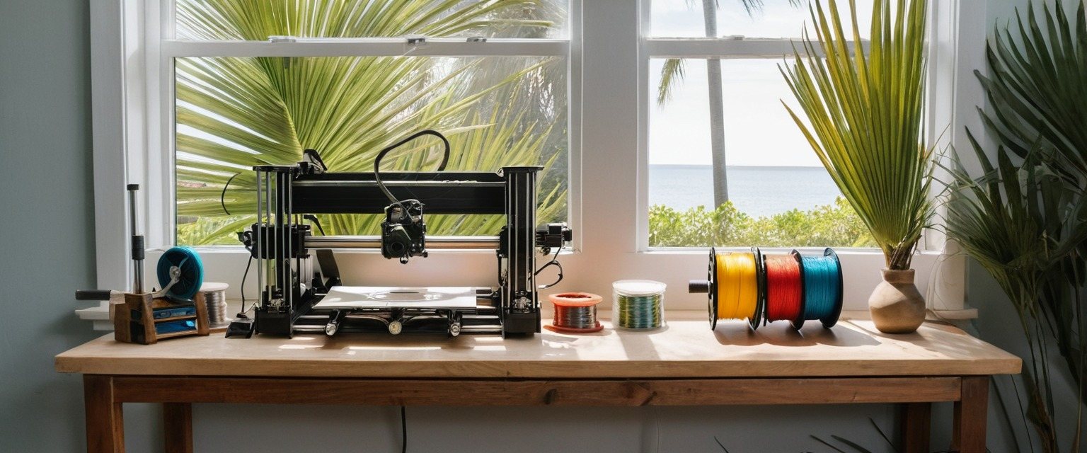 A small sunlit workbench with a 3D printer and spools of filament